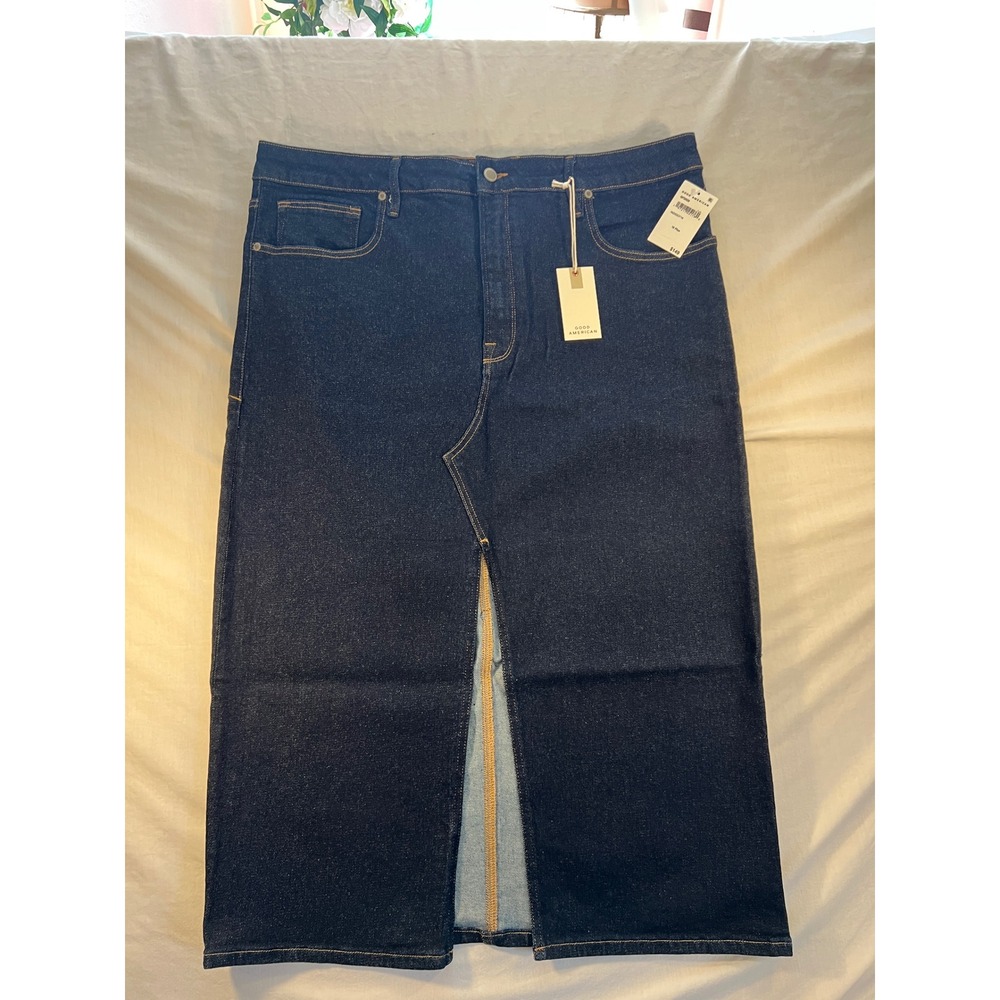 Good American Slit Front Midi Denim Skirt Indigo GFD029 Size 18 Plus NWT